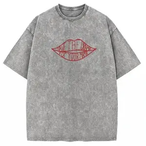 Sassy Lip Graphic Tee Women Vintage Washed Funny Slogan Print Relaxed Fit Casual Trendy Daily Top