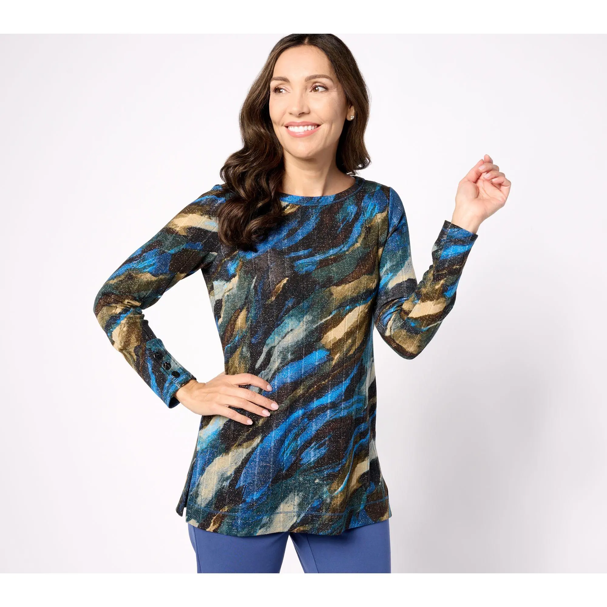 Susan Graver Weekend Regular Metallic Knit Button Detailed Tunic