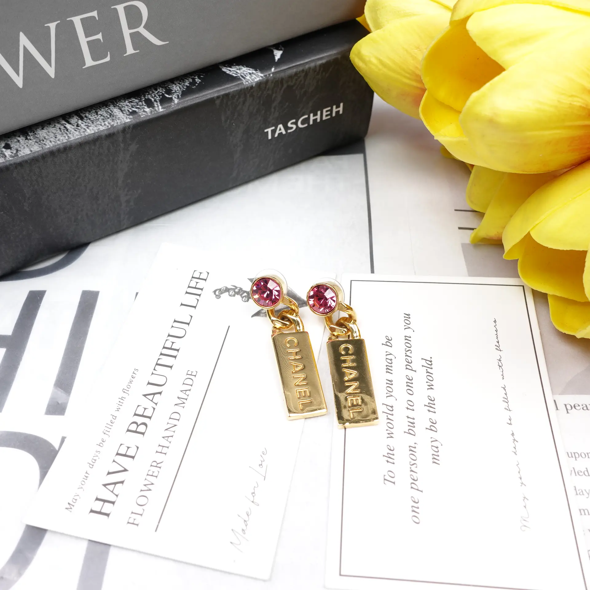 Pre-owned Chanel Gold Tone Pink Diamond Earrings T10245391