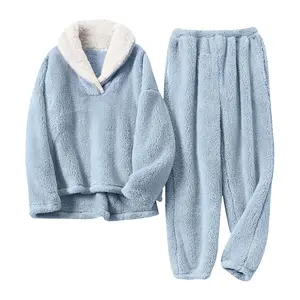 Molitree Women's Fluzzy Sherpa Fleece Pajamas Warm Pullover Lapel Sleepwear Sets Loungewear Pjs