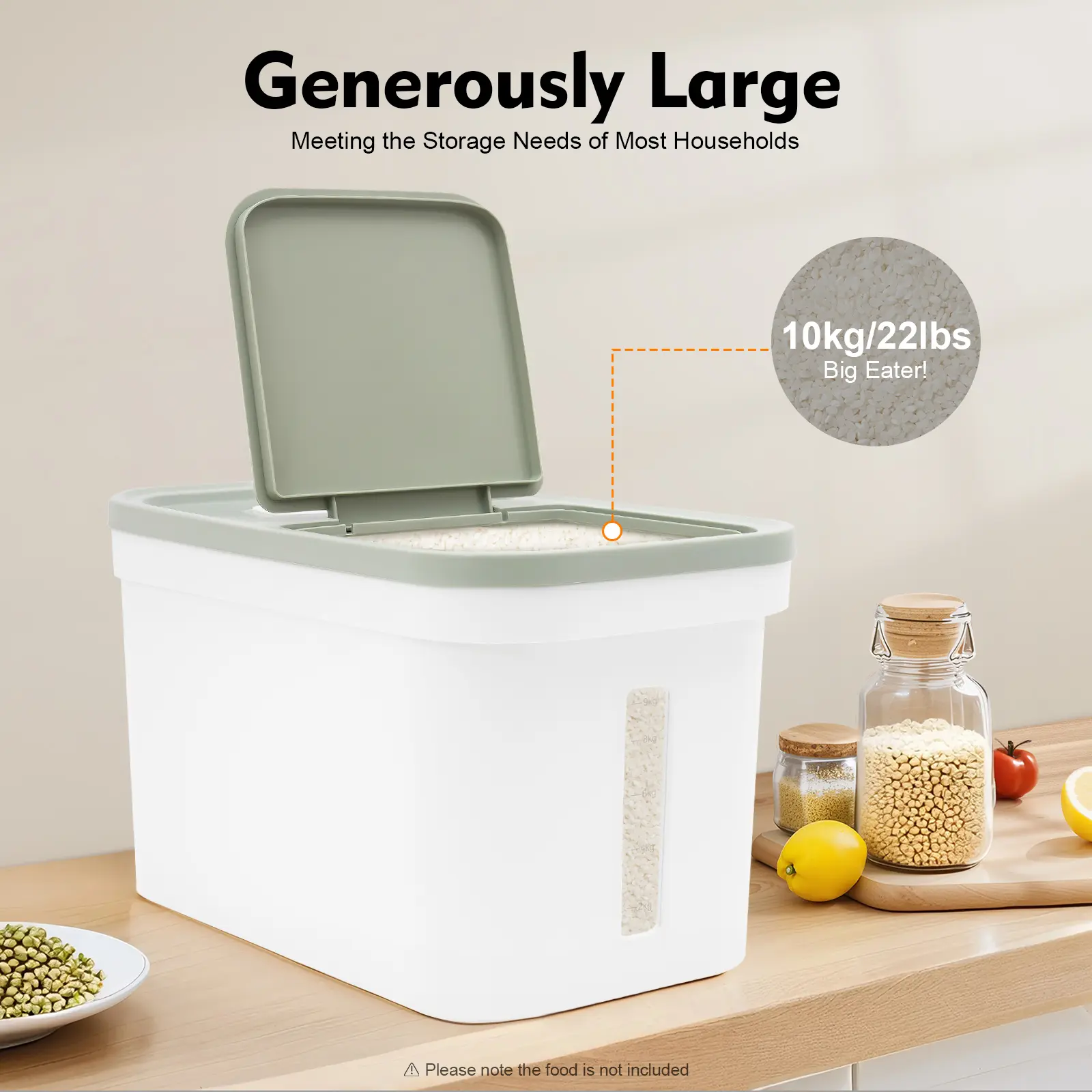 10Kg Large Volume PP Plastic Rice Storage Container with Airtight Lids & Measuring Cup, Leakproof Airtight Kitchen Preserving Container for Rice, Flour (Simple Look), Leakproof Airtight Containers,summerwins