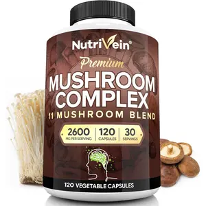 Nutrivein Mushroom Supplement - 2600mg - 120 Capsules - 11 Organic Mushrooms - Lions Mane, Chaga, Agaricus, White Button, Oyster - Nootropic Complex
