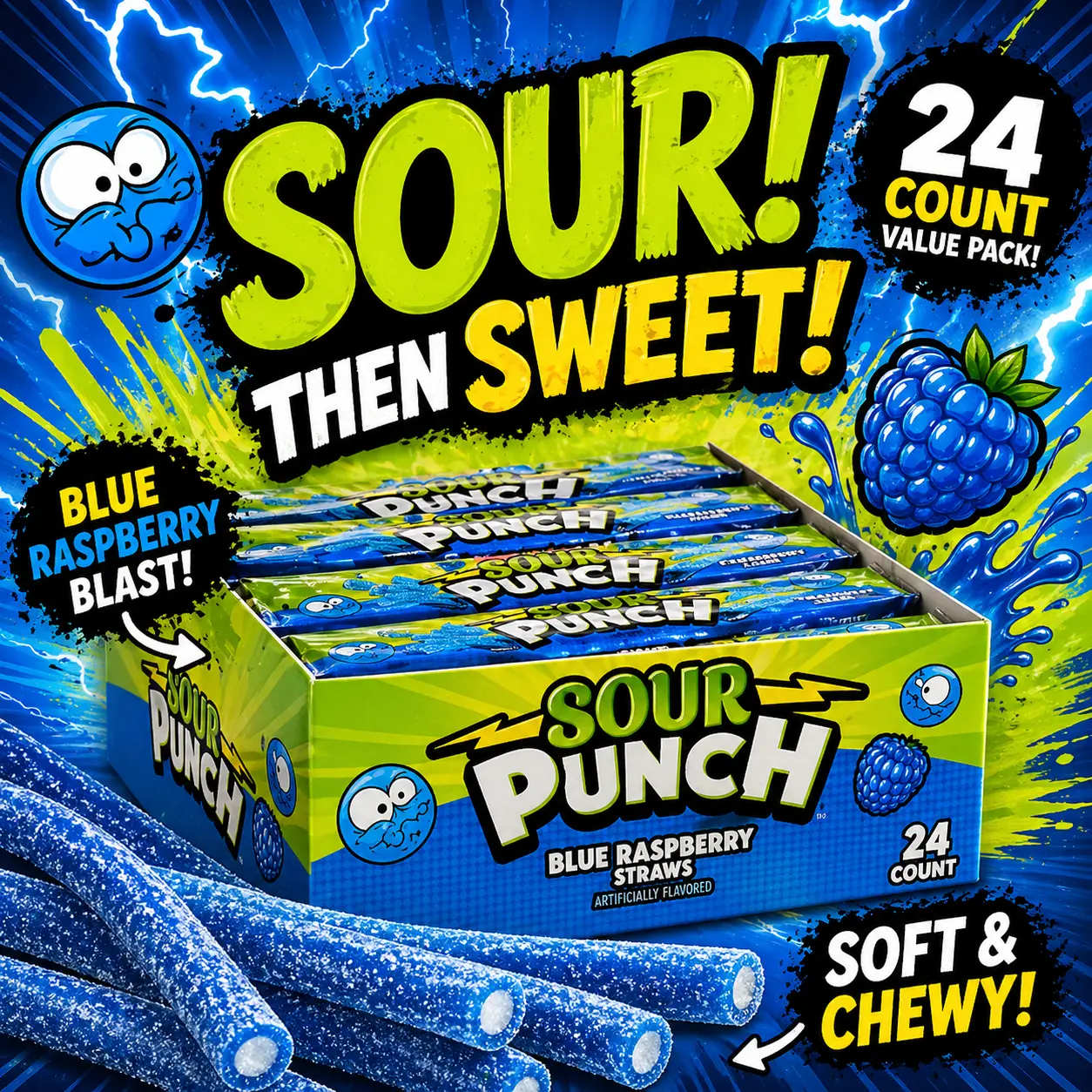 Sour Punch Blue Raspberry Straws 24 Count  Sweet & Sour Chewy Candy Strips | Classic Sour Candy for Parties, Gifts & Snack Time