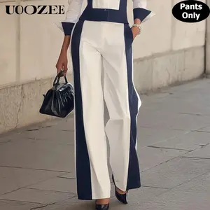 UOOZEE Women's 100% Cotton Non-Stretch Color Block Wide-Leg Pants, High-Waisted Elastic Waist with Pockets, Casual Office Trousers (Size Up for Fuller Waists) Pairable with Top, Crop Top, Blazer, Blouse for Street Style