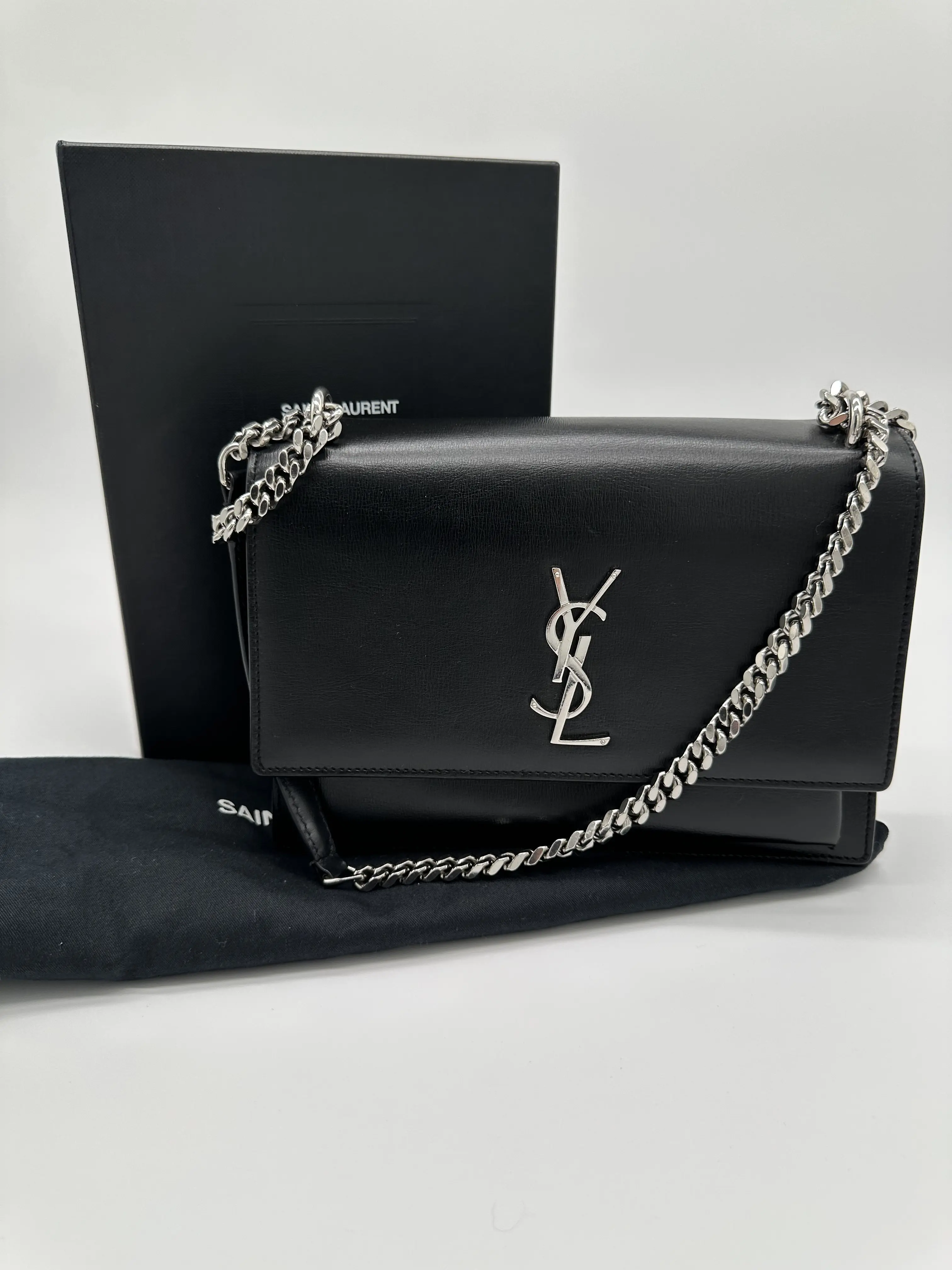 Pre-owned Yves Saint Laurent Leather Crossbody Bags YSL Medium Sunset chain bag in Black with Silver Toned Hardware