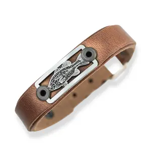 Bass Fishing Leather Bracelet - Adjustable Skinny Freshwater Bracelet with Diecast Badge on Brown Leather Cuff