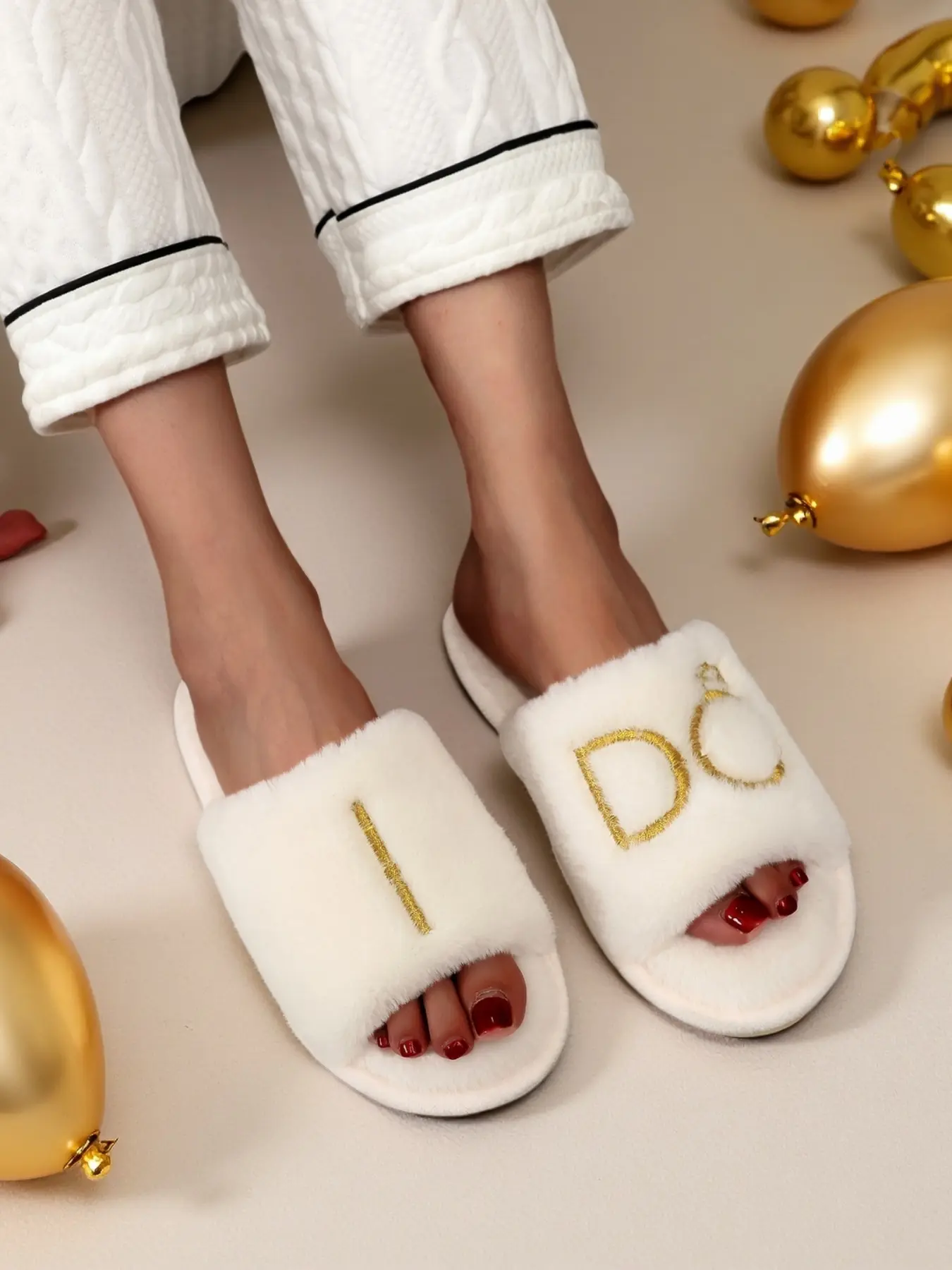 Wedding Day Brides Bridesmaids Women's Fuzzy Wedding Slippers, Embroidered Gold Thread Design, Comfortable Indoor Outdoor Shoes, Perfect for Home & Casual