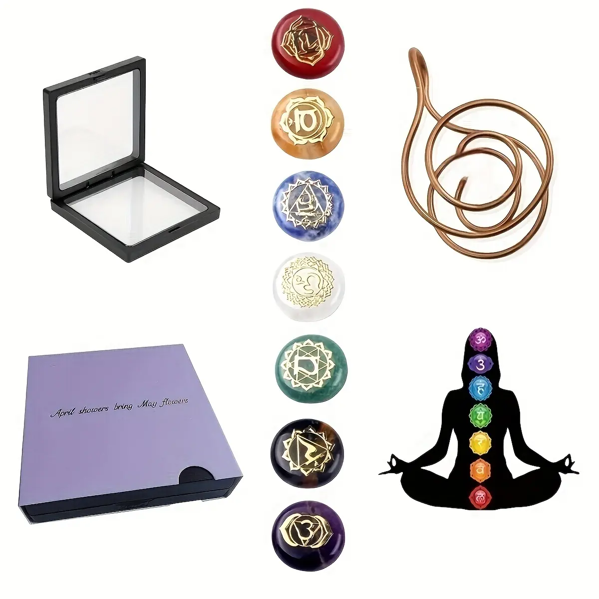 8pcs chakra crystal copper spiral bracelet set round symbol stone yoga meditation jewelry wearable healing decor souvenir gift for halloween christmas valentine women