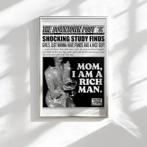Mom I Am A Rich Man Newspaper Headline Poster Downtown Girl Grunge Room Decor Bar Cart Accessories, Bar Cart Art Funky College Dorm Decor