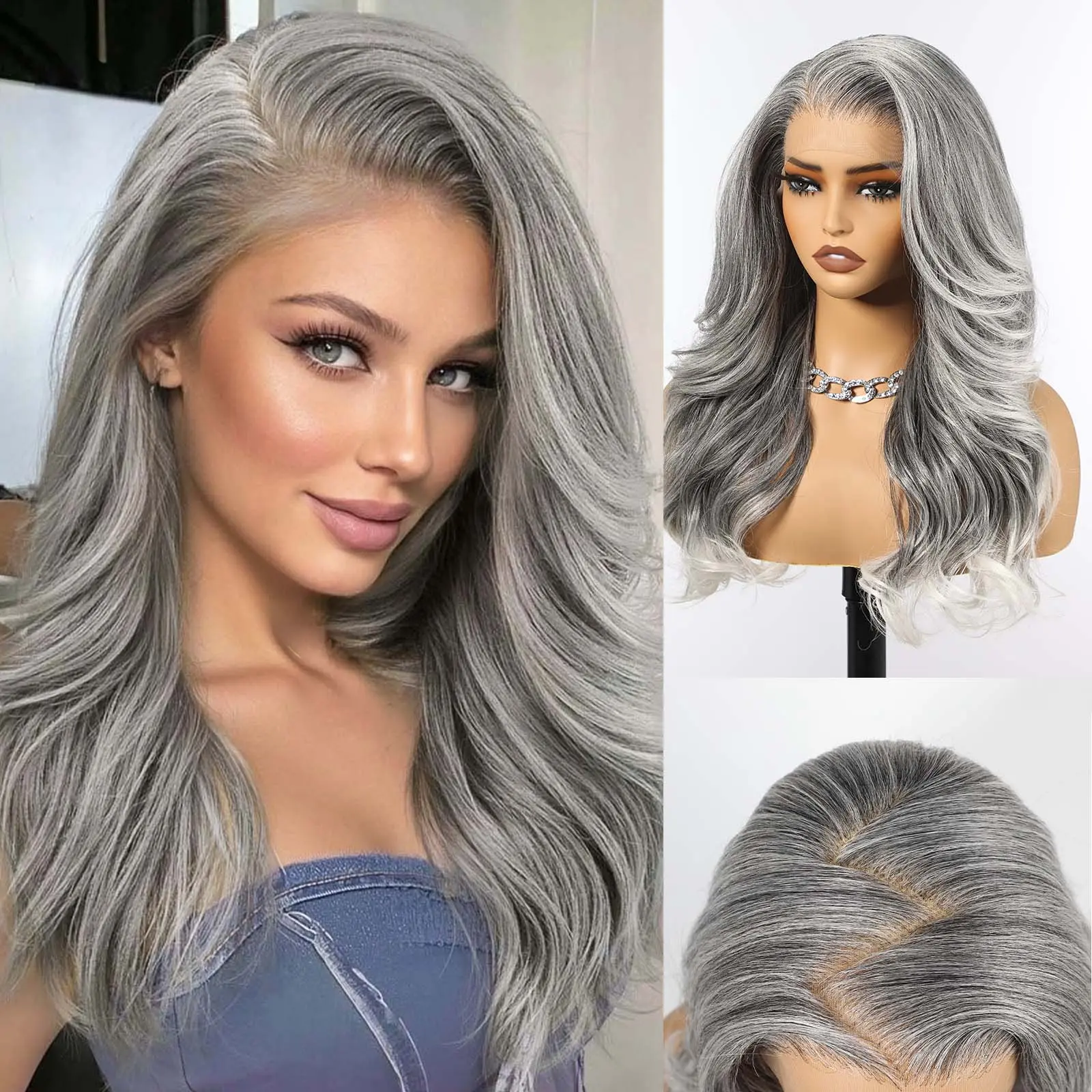 HAIRCUBE 13x6 HD Synthetic Lace Front Wig 24 Inch Gray Long Curly Layered Glueless for Women Daily Use Natural Look