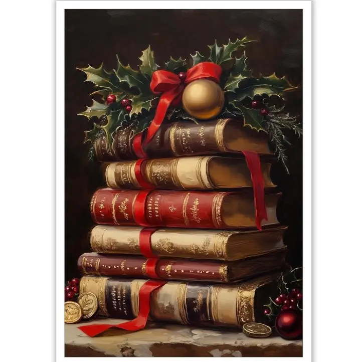 Rustic Christmas Wall Art Book Art Still Life Poster Vintage Christmas Decor Winter Posters Xmas Canvas Prints Painting Dark Academia Decor Holiday Home Dorm Living Room Decoration 8x12inch Unframed