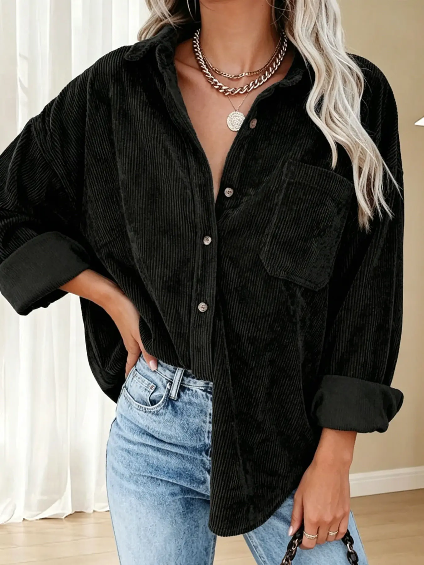 Plus size women's black corduroy lapel single-breasted loose-fit Oversized long-sleeve shirt Blouse, suitable for spring and summer, appropriate for daily commutingoing out on dates, casual gatherings, and various other occasions.
