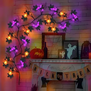 Halloween Pumpkin Bat Branch Vine Light, Indoor Wall Decor Lamp, Party Atmosphere Lighting, Halloween Wreath, Home Decoration, 1pc