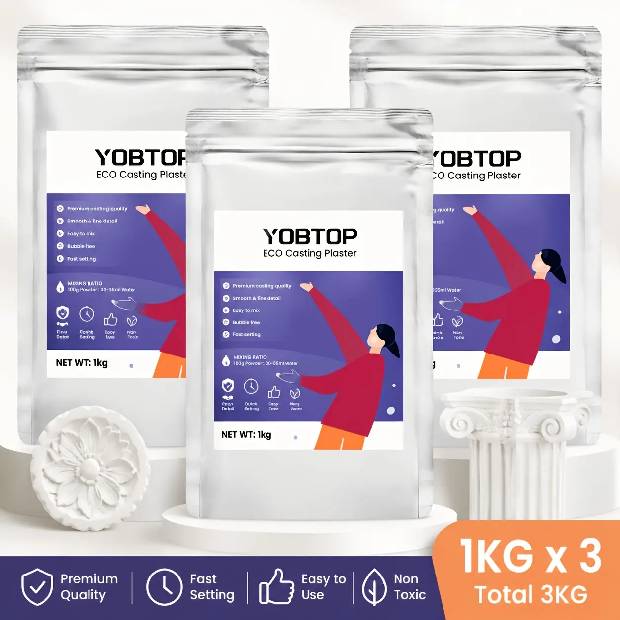 3000g Casting Plaster Powder Kit, Fast Setting DIY Craft Plaster for Sculptures, Statues & Home Decor Molding