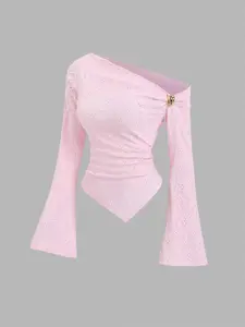 Women's Sexy Asymmetric Shoulder Textured Fabric Elegant Chic Long Sleeve Top, Irregular Hem Casual Blouse, Perfect for Parties, Valentine's Day, Daily Wear, Womenswear, Asymmetrical Slant Shoulder