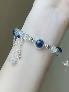 Elegant Galaxy Star Glass Bead Elastic Bracelet with Cat Eye Pendant, Perfect for Valentine's Day, Carnival, Christmas Party Accessories