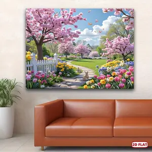 2D Flat, 1pc 2D Flat, A Banner, Featuring a Vibrant Garden Path Spring with Blooming Trees And Butterflies, Perfect for Decorating Living Rooms, Bedrooms, Offices, And Outdoor Spaces, Cherry Bl