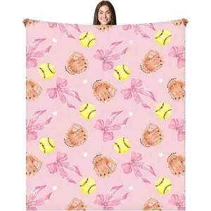 Pink Softball Bow Blanket – Cute Softball Throw for Girls, Teens, Players, Coaches, and Team Moms – Cozy Sports Blanket Gift for Birthday, Halloween, Thanksgiving, Christmas, Room Decor