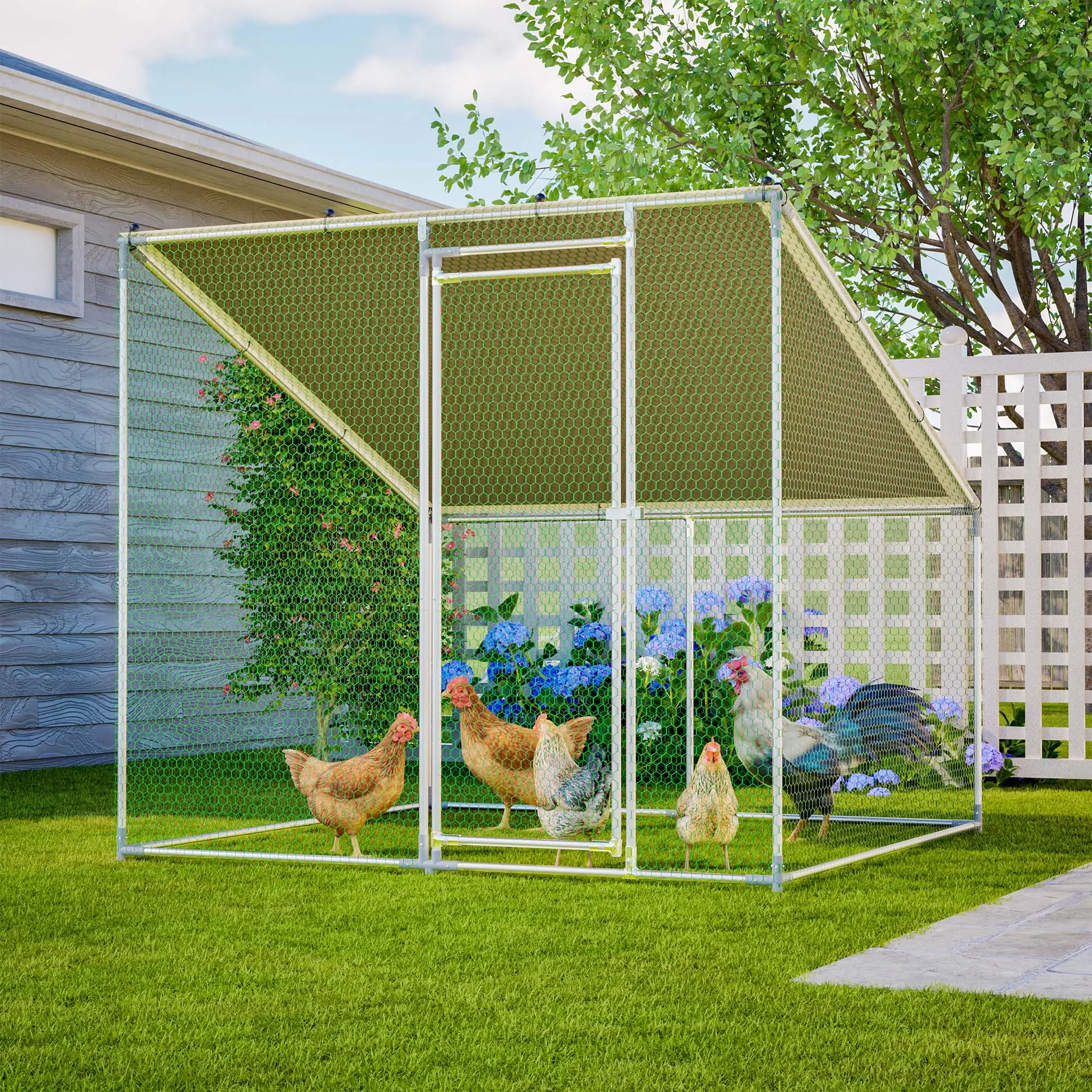 Large 84"x78.7"x72.7" Galvanized Steel Walk-In Chicken Coop with Slanted Roof, Heavy-Duty All-Weather Poultry Cage, Waterproof & Anti-UV Cover, Stable Outdoor Run for Gardens & Backyards, Spring Button Connectors & Reinforced Mesh (All Seasons Use), Goose