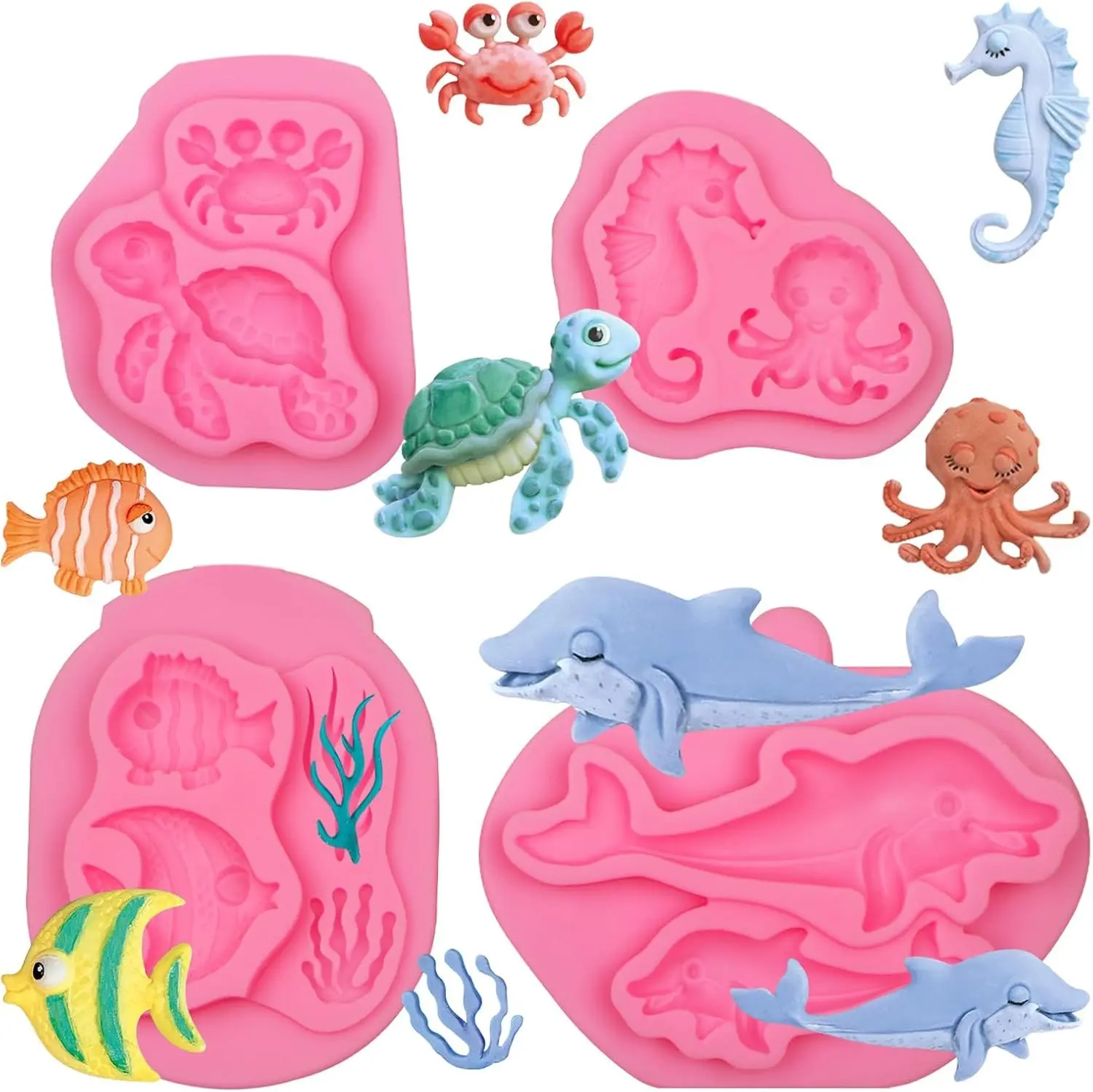 Marine Turtle Fish Fondant Molds Silicone, 4 Packs Sea Coral Dolphin Chocolate Molds for Sea Theme Cake Decoration Cupcake Toppers Cookie Clay