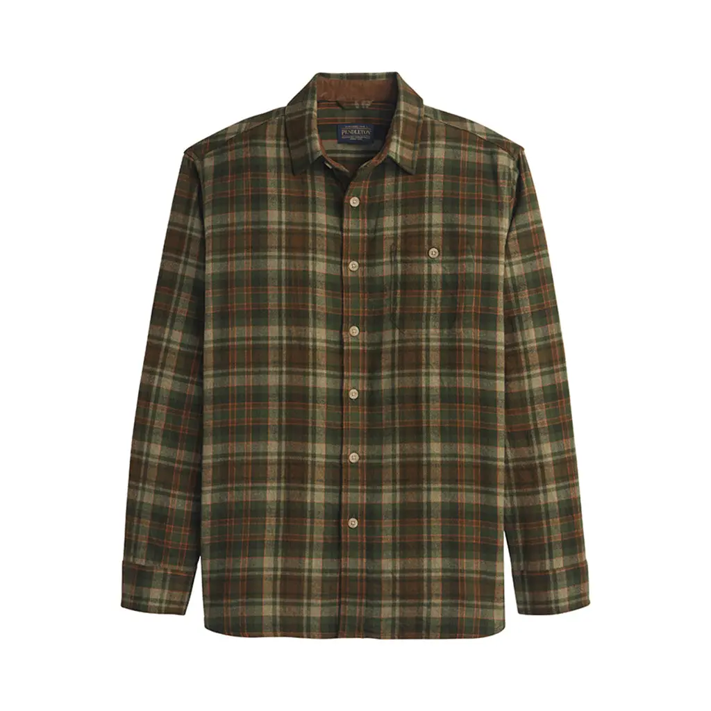 Pendleton Men's Soft Pocket Cotton Flannel Shirt - Olive/Rust Plaid, Long-Sleeve Casual Top, Ideal for Layering