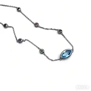 Swiss Blube Topaz With Color Tourmaline Sterling Silver  Station  Necklace