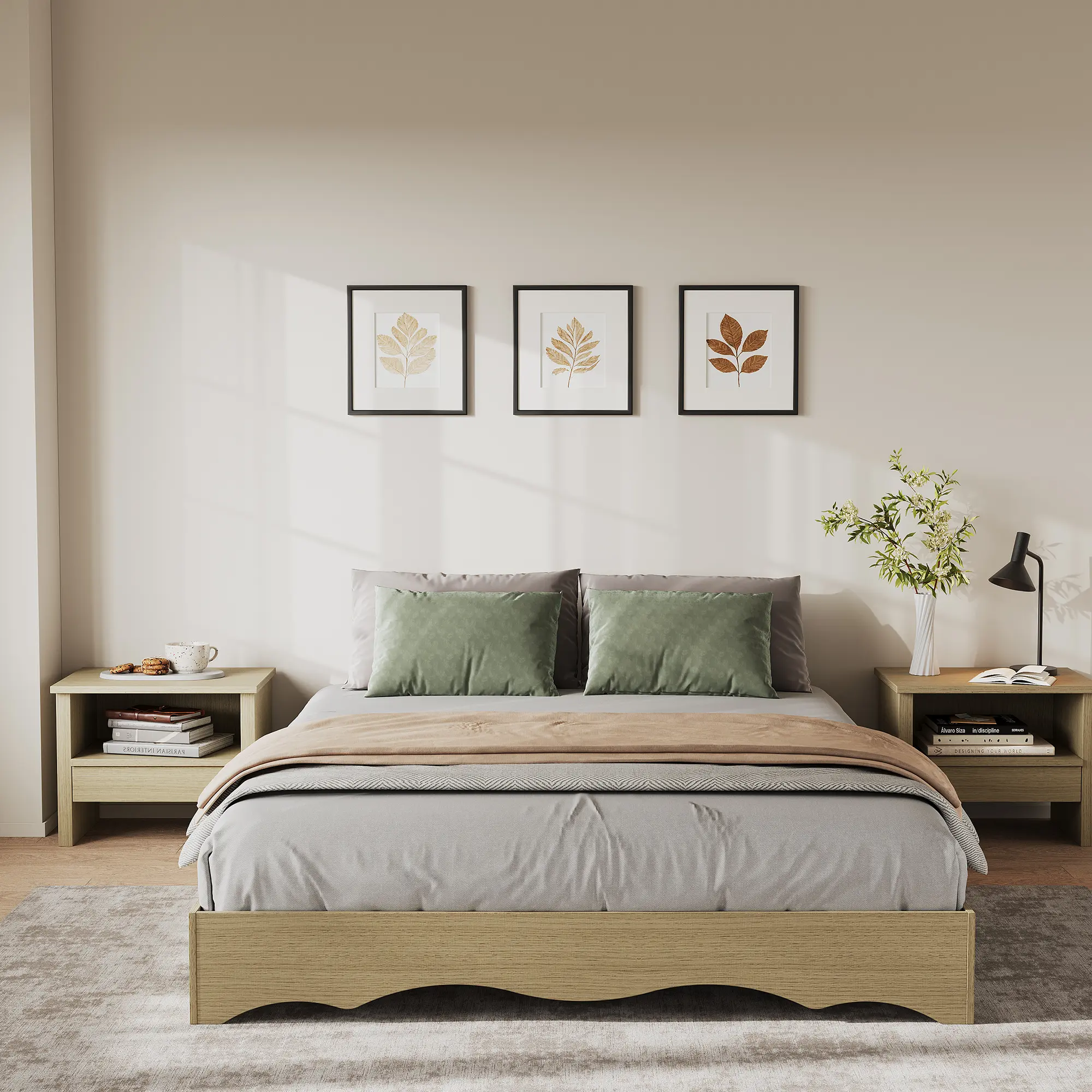 Full Size Minimalist Platform Bed Frame – Wave Edge Wood Design, Low Profile, Noise-Free, Easy Assembly, No Box Spring Needed