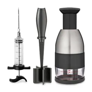 Ultimate Kitchen Tool Set - Meat Injector, Meat Masher, and Garlic Presser (3-Piece) Sturdy Utensil Plastic Stainless