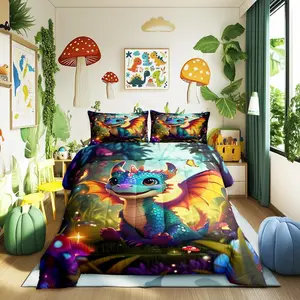 Cartoon Dragon Bedding Set,Polka Dot Mushroom Comforter Set,Kids Teens Room Decor Cute Western Dragon Duvet Insert