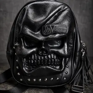 Black Phantom Skull Gothic Backpack, 3D Punk Streetwear Travel Bag, SKU:3227
