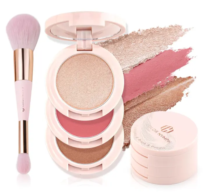 3 Colors Contour Blush Highlighter Makeup Palette | 3-IN-1 Multi-Colored Shimmer & Matte Long-Lasting Travel-Friendly Make up Kit, Includes Brush & Mirror | Stacked Makeup Design (Purple)