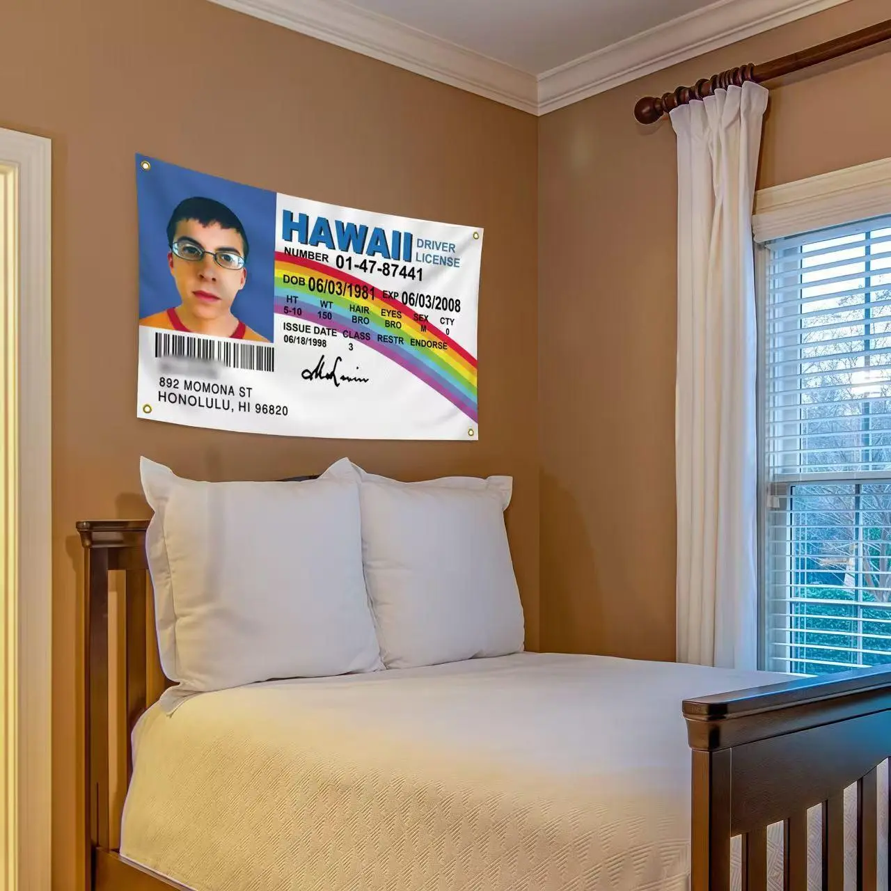 Hawaii ID Flag Fake Driver License 3x5 ft Mclovin Tapestry, Polyester with 4 Brass Grommets, Mc Loving Funny flags Poster for College Dorm Outdoor Banner