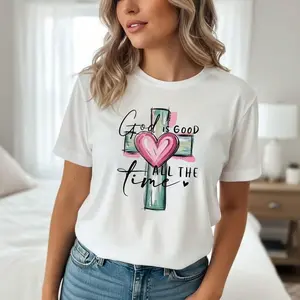 Women's Cotton Christian Graphic T-Shirt, "God Is Good All The Time" Cross & Heart Print Short Sleeve Tee, Casual Loose Fit Top, S-3XL Sizes
