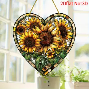 2D Flat Heart Sun Catcher-Includes Sunflower Pattern  No Electricity Needed Window Hanging Decoration-Housewarming Gift, Mother's Day, Wedding Gift-Bohemian Home Decor-Indoor and Outdoor Use - Glass Effect-Vibrant Color Design - Durable Ornaments Hangable