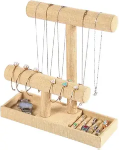 2 Tier Necklace Bracelet Holder Organizer With ring Tray, Linen Jewelry Display Stand for Watch Scrunchie Lipstick, Perfumes,Nail polish (Yellow Linen)