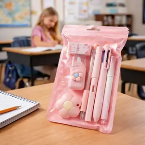 Kawaii Pink Stationery Set for Girls, 7 Piece Cute School Supplies Kit with Multi Color Ballpoint Pen, Retractable Gel Pen, Eternal Pencil, Highlighter, Eraser, Correction Tape and Utility Knife, Aesthetic Desk Accessories for School, Office and Home