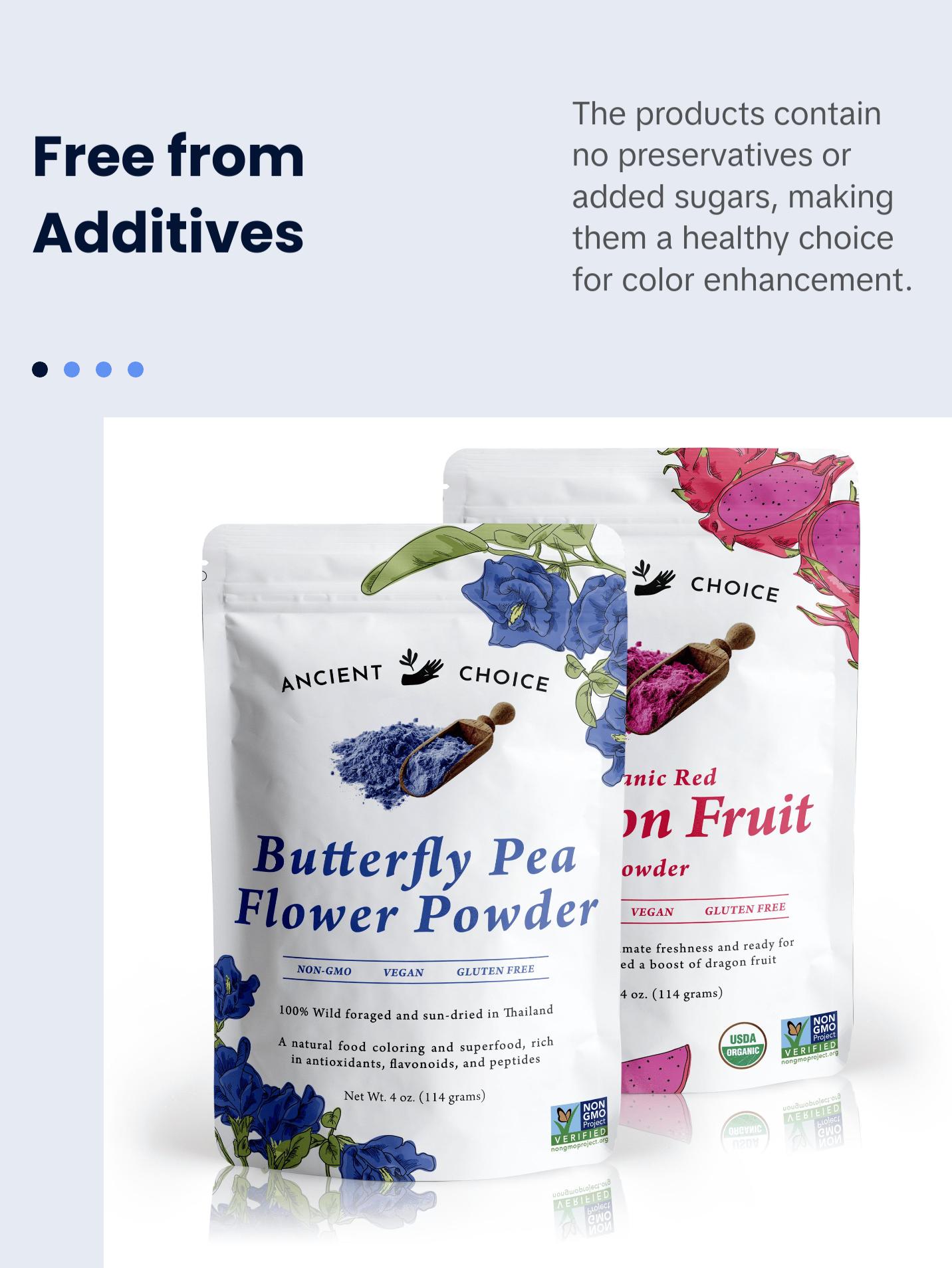 Ancient Choice - Radiant Skin Duo - 2-Pack Bundle | Butterfly Pea Flower Powder, 4oz. and Dragon Fruit Powder, 4oz. | USDA Organic, Non-GMO, Gluten-Free, Vegan | No preservatives, No added sugar | Natural Food Coloring