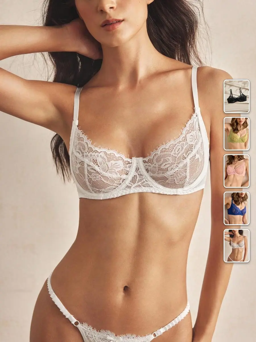 MEAUS Lace Balconette Bra Sheer Underwire Backless French Style Romantic Sexy Lingerie