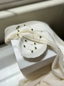 Natural Jade Satellite Necklace Bracelet Set with Dainty 14K Gold Filled Chain