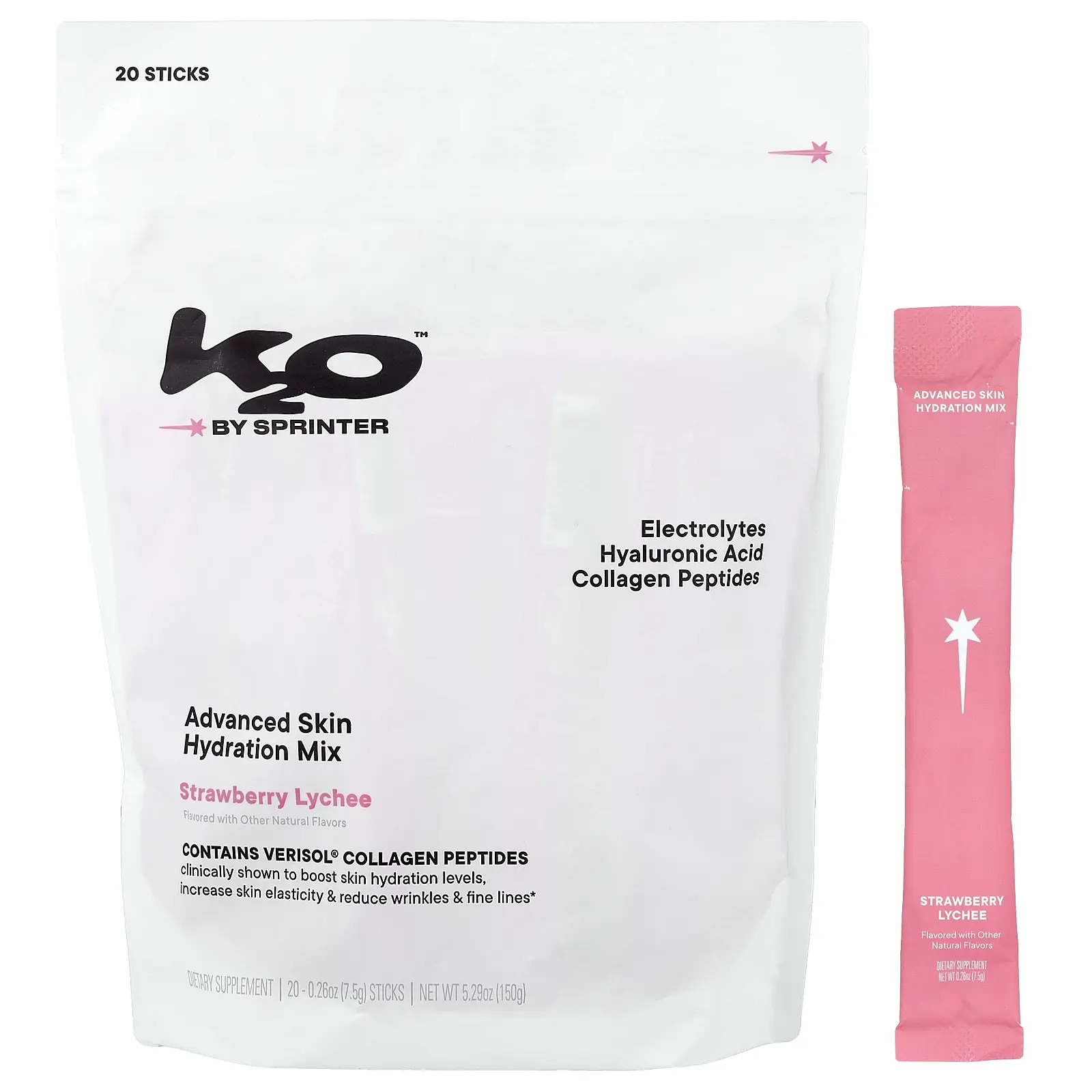 k2o by Sprinter Advanced Skin Hydration Mix, Strawberry Lychee, 20 Sticks, 0.26 oz (7.5 g) Each
