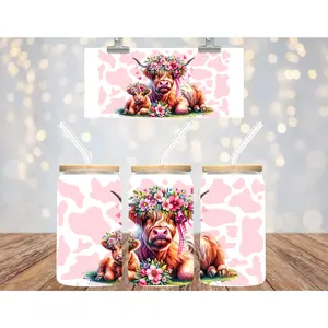 Uv Dtf 16 OZ Cup Wrap Highland Cow Mama and Baby 530