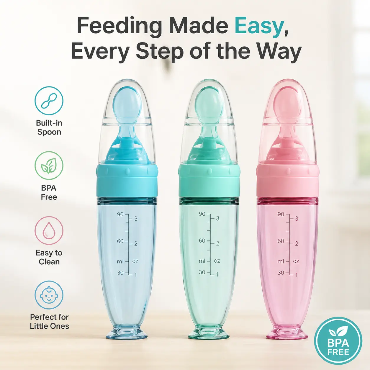 HOTMIR 90ml silicone baby food storage bottle with spoon, 1 squeeze feeding bottle with dust cover and spoon, suitable for travel baby food container