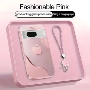 Luxury Faux Brushed Metal Texture Phone Case with Flower Lanyard | Glossy Glass Feel 2D Printed Cover | for [Google Pixel 7] 952