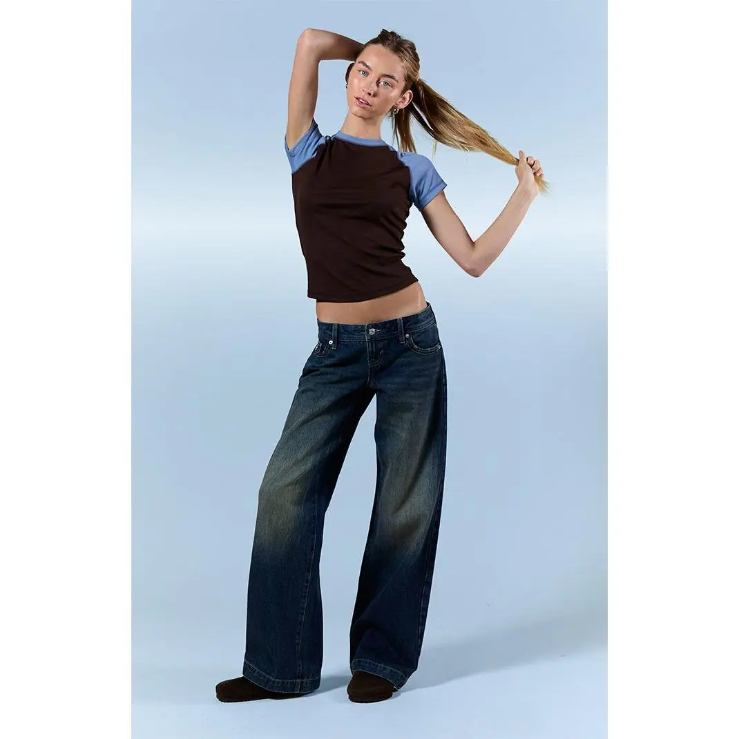 Pacsun Women's Kaia Ultimate Low Rise Baggy Jeans Button Pocket Tint Dark Blue