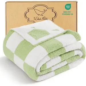 Checkered Knit Throw Blanket, Ultra Soft Warm Reversible Cozy Decorative Blankets for Couch Sofa and Bed, 50x60 Inch, Light Green