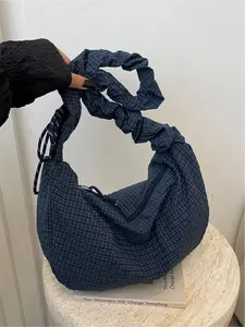 Retro plaid pleated large capacity underarm bag | Lazy silhouette with a casual atmosphere, pleated shoulder strap+drawstring detail design, soft silhouette comfortable without shoulder strain, can hold mobile phones, books, daily necessities, commuting,
