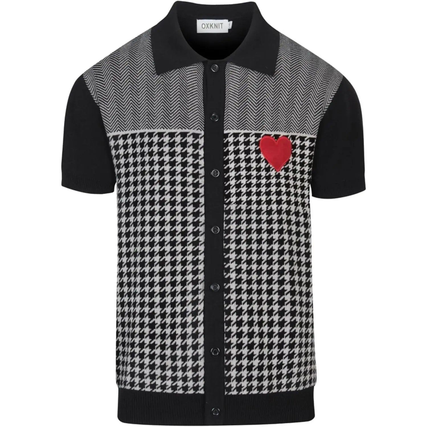 OXKNIT Men's Knit Short Sleeve Shirts Button Down Vintage Knitted Embroidery Heart Pattern Polo Shirt Black Polo