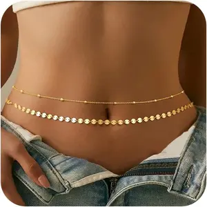 Gold Waist Chain, Dainty Gold Plated Belly Chain Adjustable Waterproof Body Chain Sexy Bikini Waist Beads for Women Satellite Beads Diamond Pearl Chain Dainty Body Chain Jewelry for Women