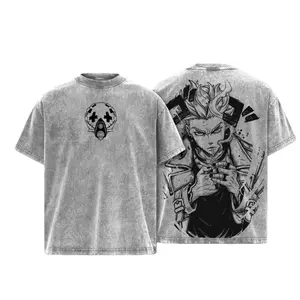 Vintage Acid Wash Double Print T-Shirt - Enjin Gachiakuta Heavy Cotton Oversized Cyberpunk Streetwear, Unisex Manga Antihero Retro Tee
