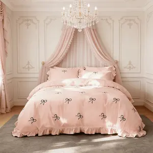 Embroidered Ruffled Bow Print Bedding 3 Piece Set, Includes 1 Duvet Cover + 2 Pillowcases, No Insert Soft Comfortable Fabric, Perfect Gift, Bedroom Bedding Set, Soft Bedding Sets, Comfy Bedding Set